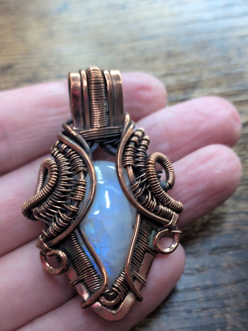 Handcrafted Copper Wire-Wrap Moonstone Pendant - Blue White